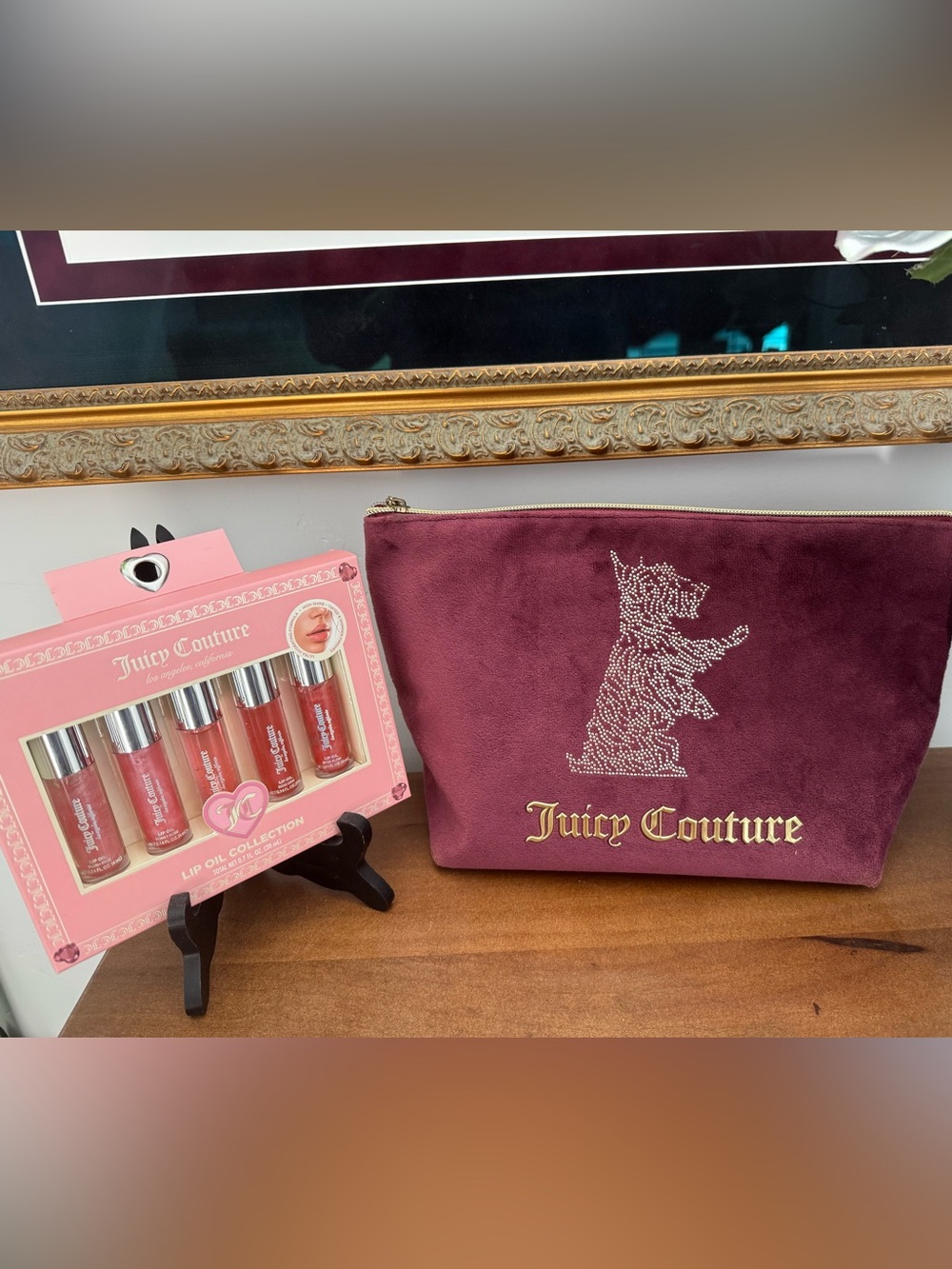 Juicy Couture Burgundy Velour Rhinestone Scottie Makeup Bag NIB Lipgloss Set HTF